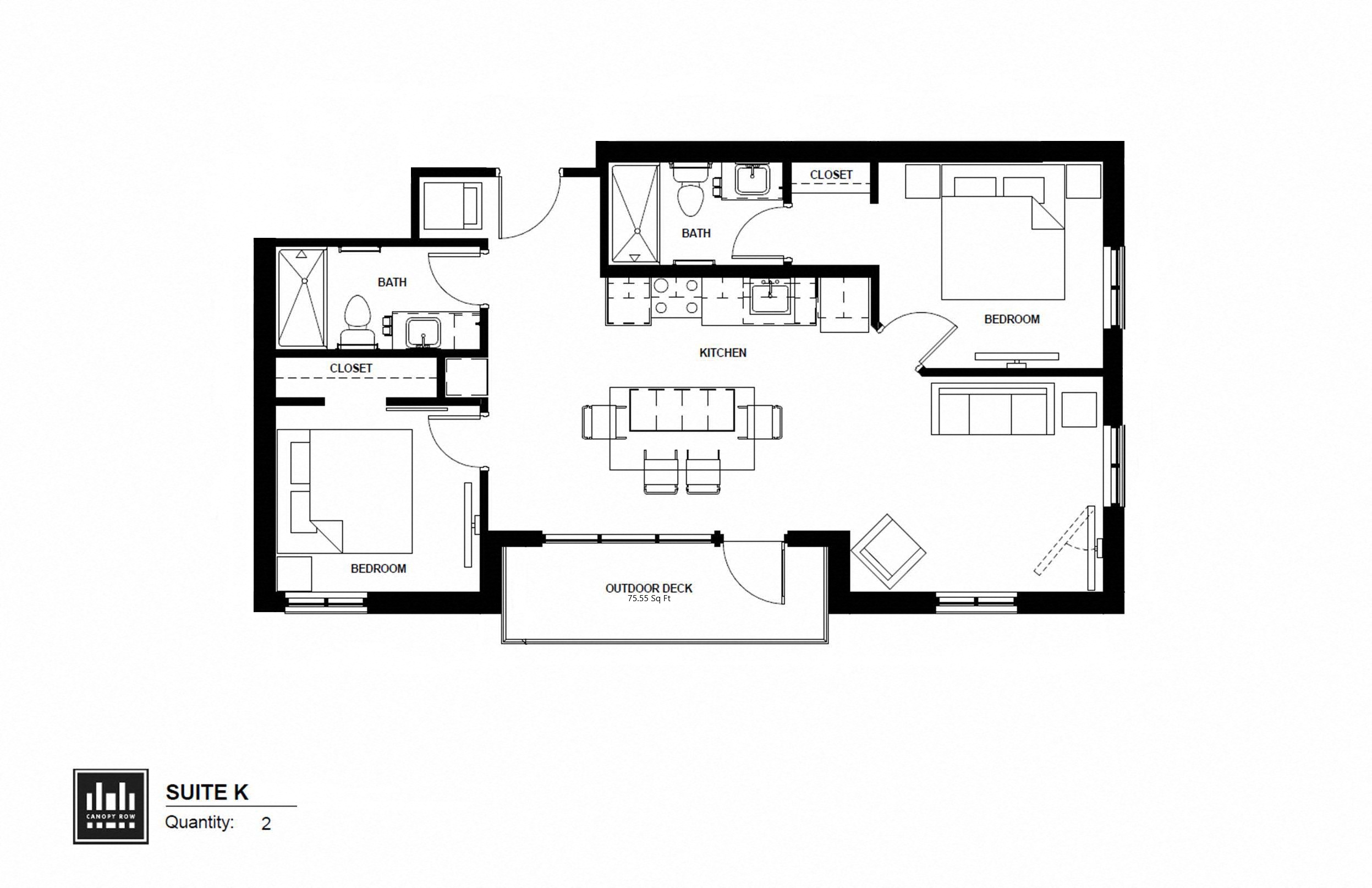 Floor plan for 2 beds, 2 baths, 875 sqft